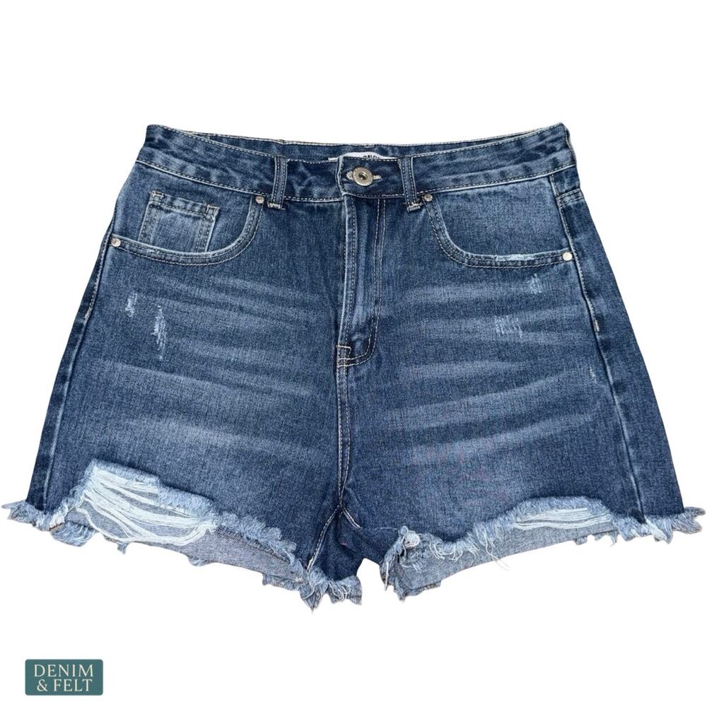 Blue Savvy High Rise Denim Shorts Medium Wash Raw Hem Casual Summer Minimal 5/27